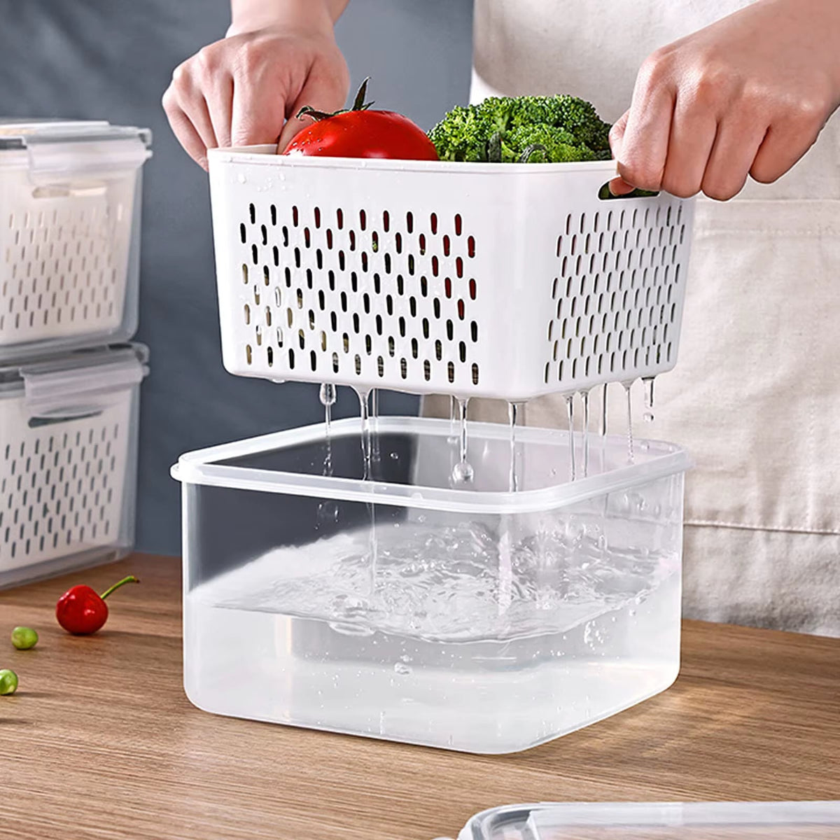3Pack Fridge Food Storage Container Set with Lids with Strainer Kitchen Storage Boxes Fruit Vegetable Organizer