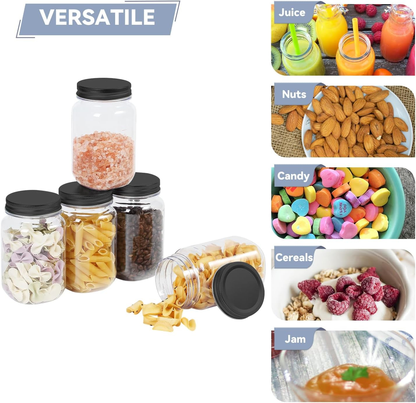 16 Ounce Clear Plastic Jars with Black Lids - Refillable round Clear Containers Clear Jars Storage Containers for Kitchen & Household Storage - BPA Free (10 Pack)