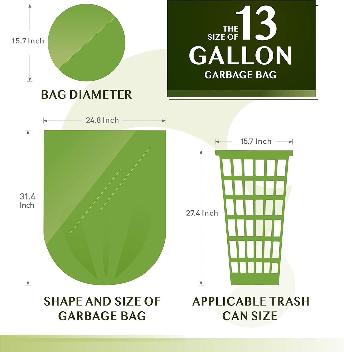 Compostable Trash Bags -  13 Gallon Tall Kitchen Garbage Bags 80 Count Unscented Trash Can Liners 55 Liter Medium Wastebasket Bags for Bathroom Home Bedroom Office Garbage Can (5Rolls/Green) - Thick & Durable Trash Bag