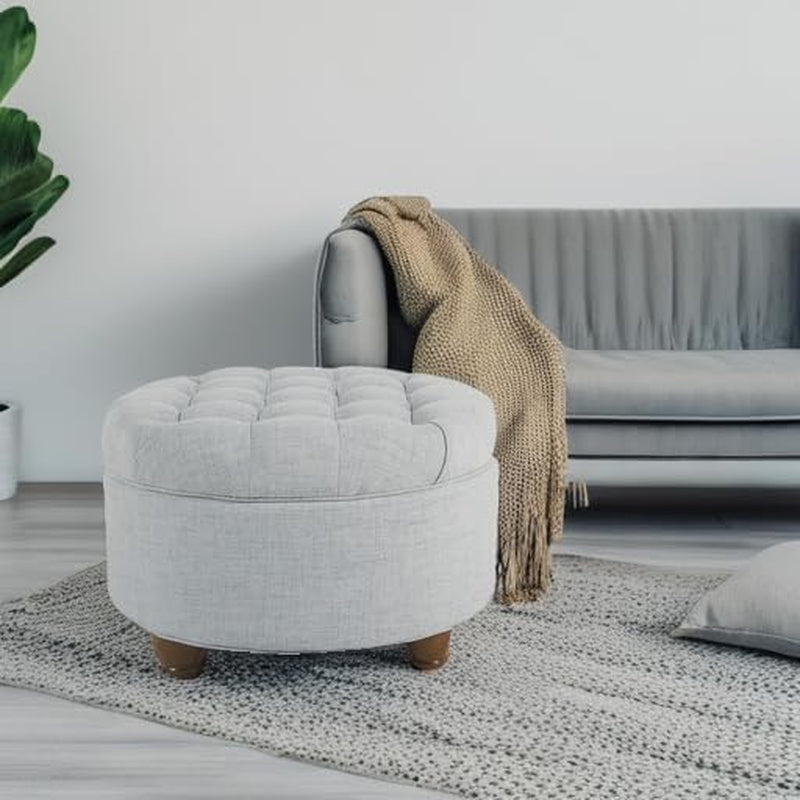 Home Decor | Large Button Tufted Woven round Storage Ottoman | Ottoman with Storage for Living Room & Bedroom (Light Blue)