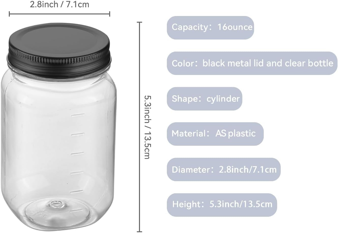 16 Ounce Clear Plastic Jars with Black Lids - Refillable round Clear Containers Clear Jars Storage Containers for Kitchen & Household Storage - BPA Free (10 Pack)