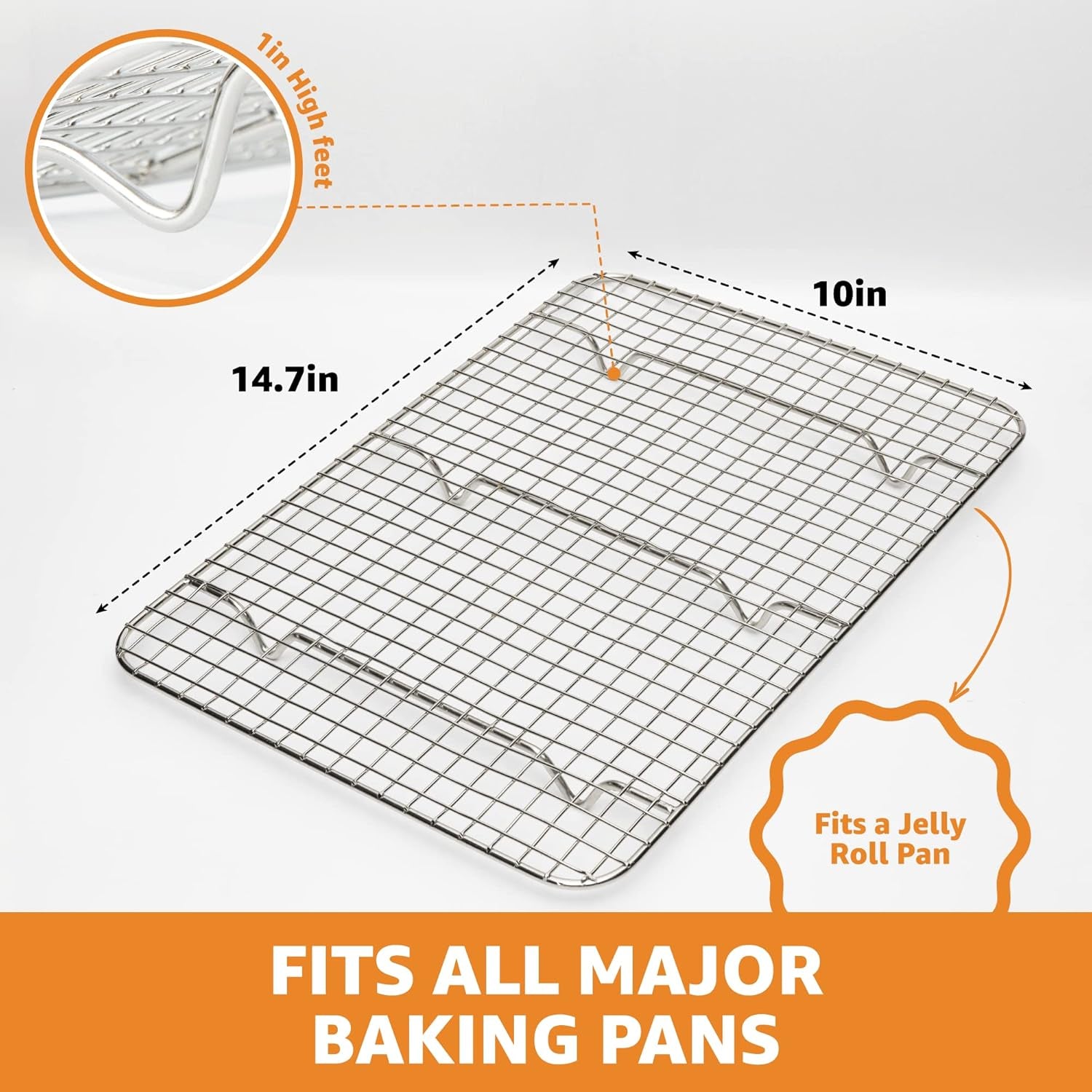 18/8 Stainless Steel Cooling Rack, Heavy Duty Baking Rack for Oven Cooking, Fits Jelly Roll Pan, Wire Rack for Cooking, Bacon, Cookie Cooling Rack, 10" X 14.7"