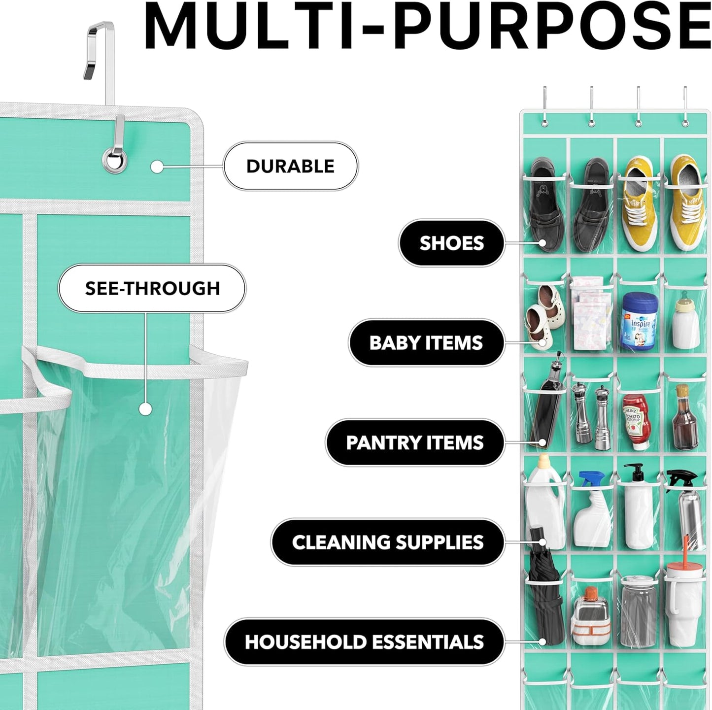 24 Pockets - Simplehouseware Crystal Clear over the Door Hanging Shoe Organizer, Turquoise (64'' X 19'')