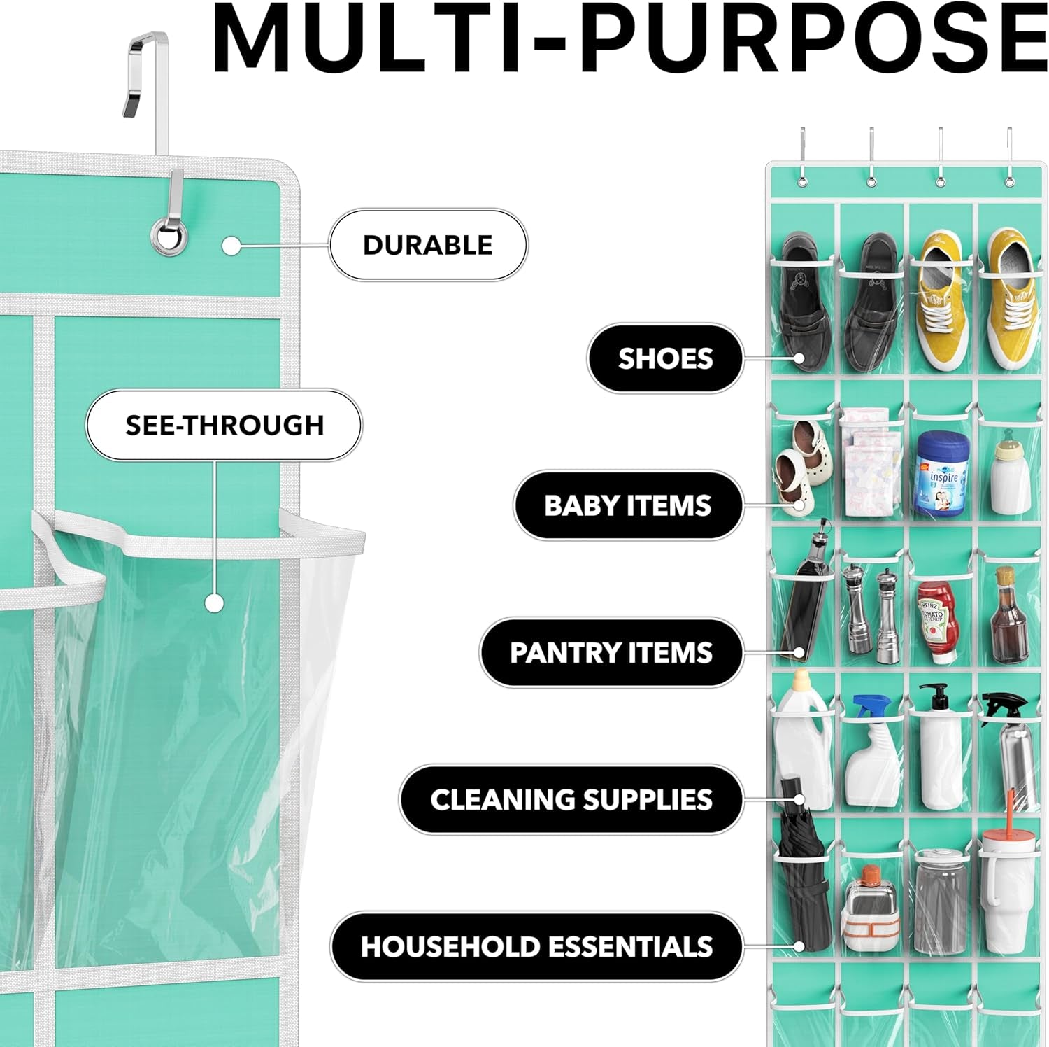 24 Pockets - Simplehouseware Crystal Clear over the Door Hanging Shoe Organizer, Turquoise (64'' X 19'')