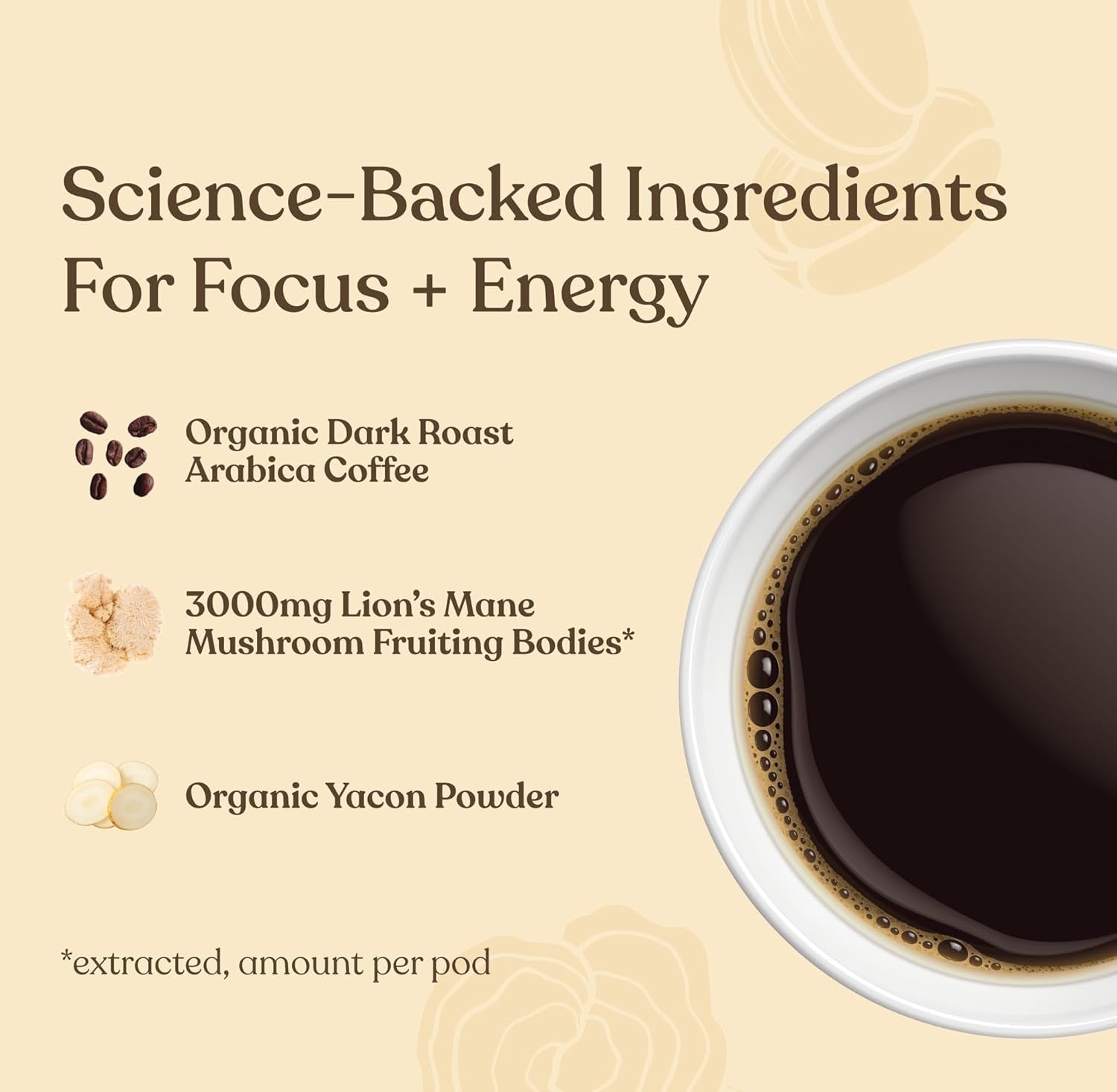 Mushroom Coffee K-Cups, Organic and Fair Trade Coffee with Lions Mane, Chaga, & Mushroom Powder, Focus & Immune Support, 24 Count