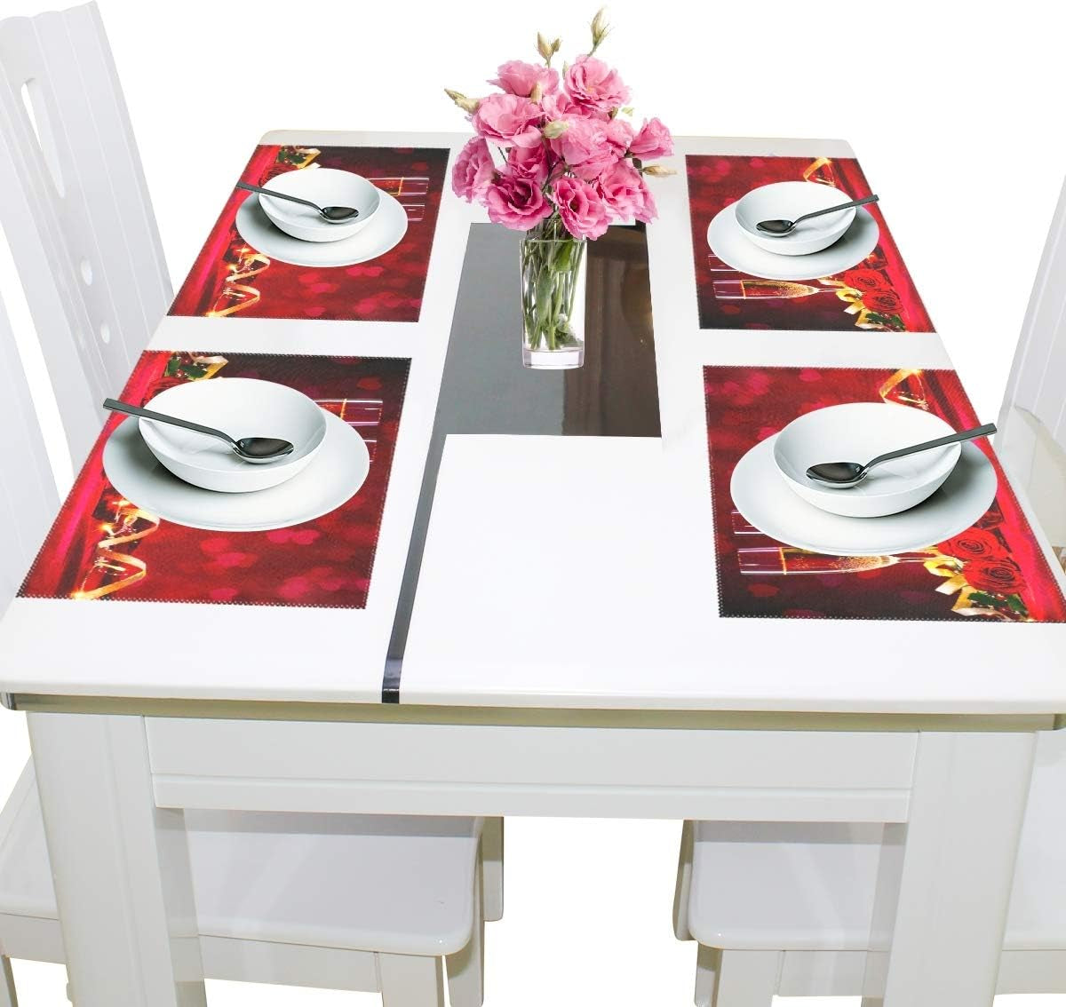 Valentines Day Rose Wine Placemat Table Mat Desktop Decoration Placemats Set of 4 Non Slip Stain Heat Resistant for Dining Home Kitchen Indoor 12X18 In