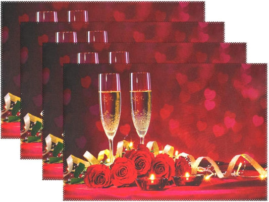 Valentines Day Rose Wine Placemat Table Mat Desktop Decoration Placemats Set of 4 Non Slip Stain Heat Resistant for Dining Home Kitchen Indoor 12X18 In